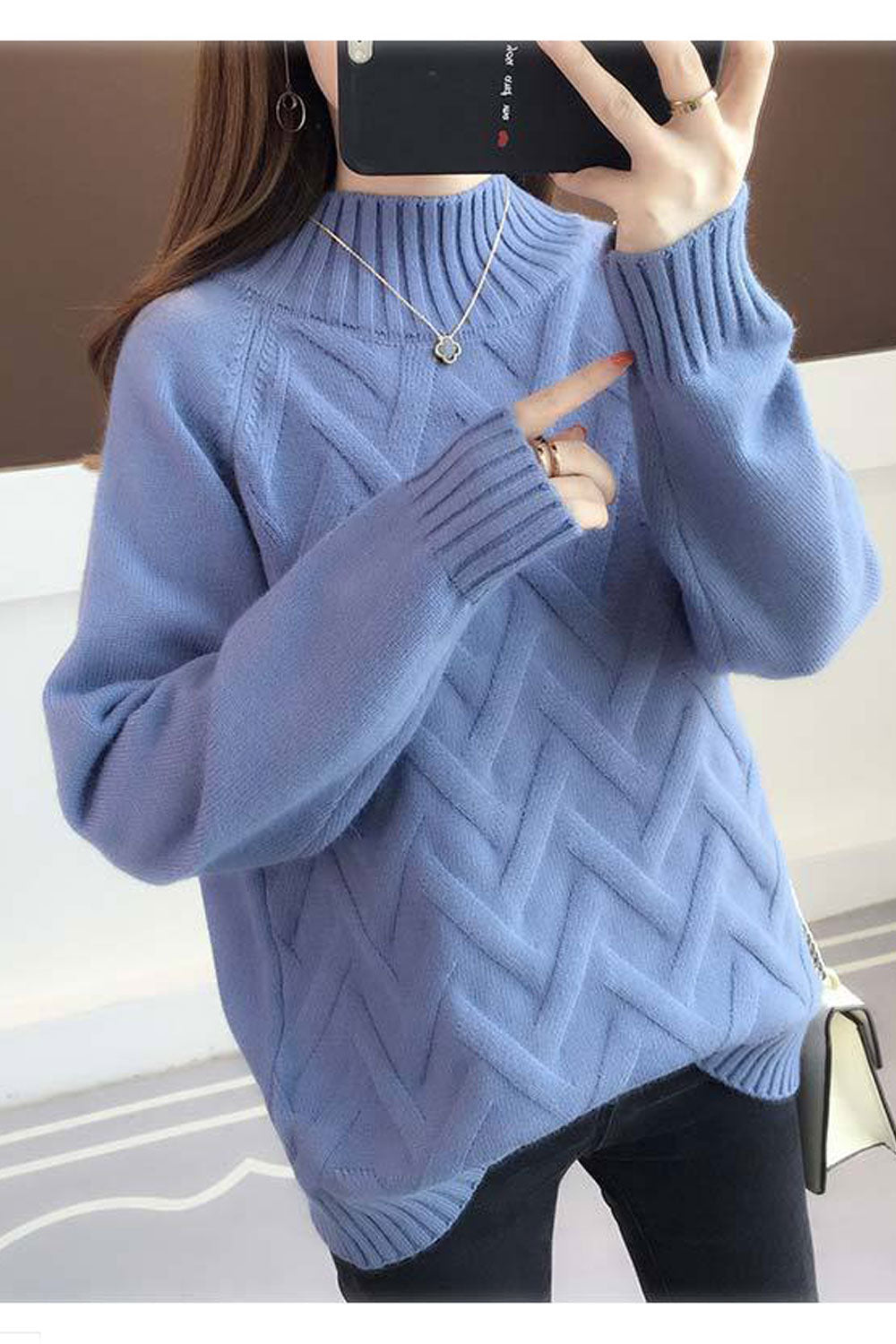 Women Solid Colored High Neck Warm Sweater