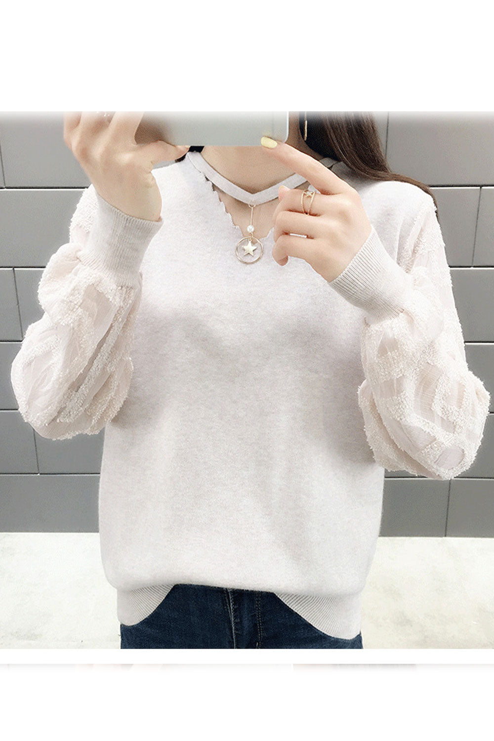 Women Comfy Mesh Lantern Sleeve Solid Colored Sweater