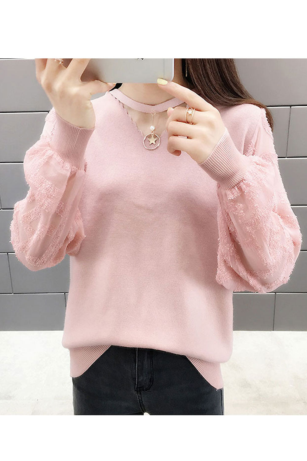 Women Comfy Mesh Lantern Sleeve Solid Colored Sweater