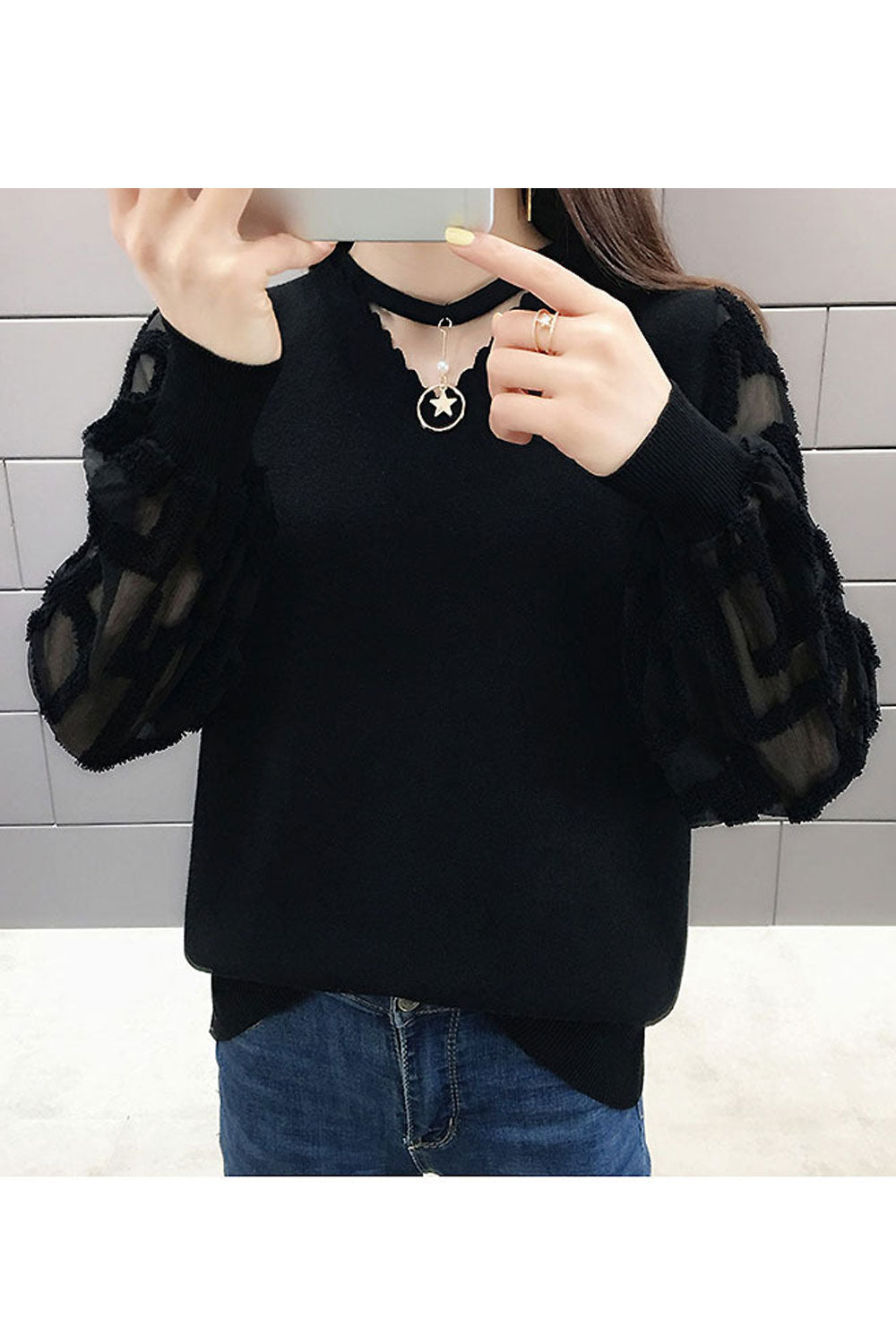 Women Comfy Mesh Lantern Sleeve Solid Colored Sweater