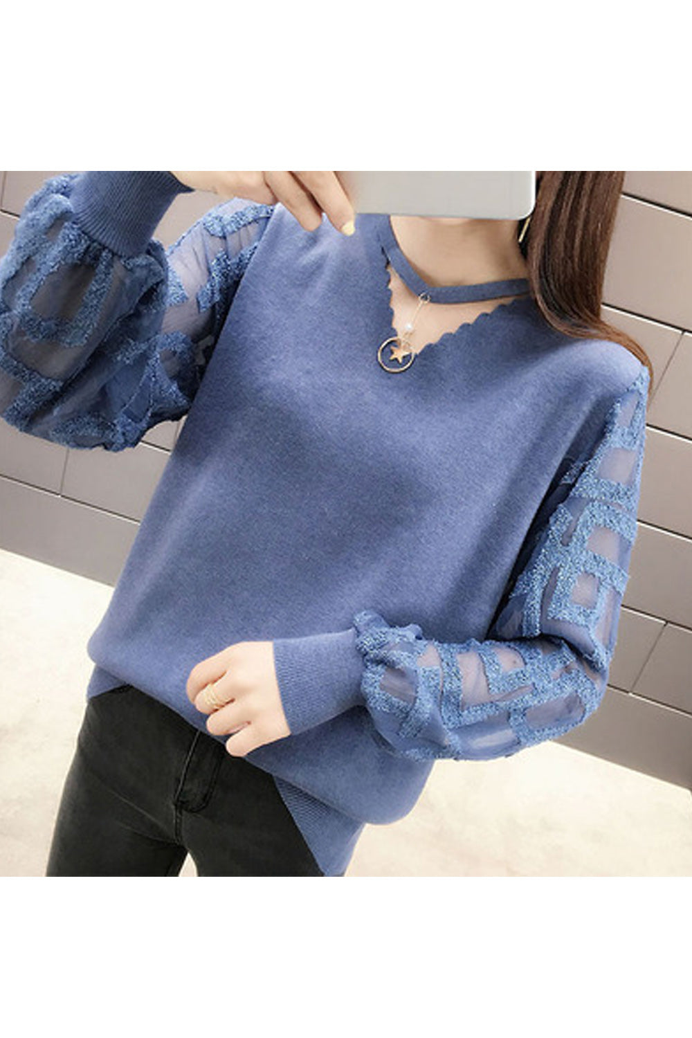 Women Comfy Mesh Lantern Sleeve Solid Colored Sweater