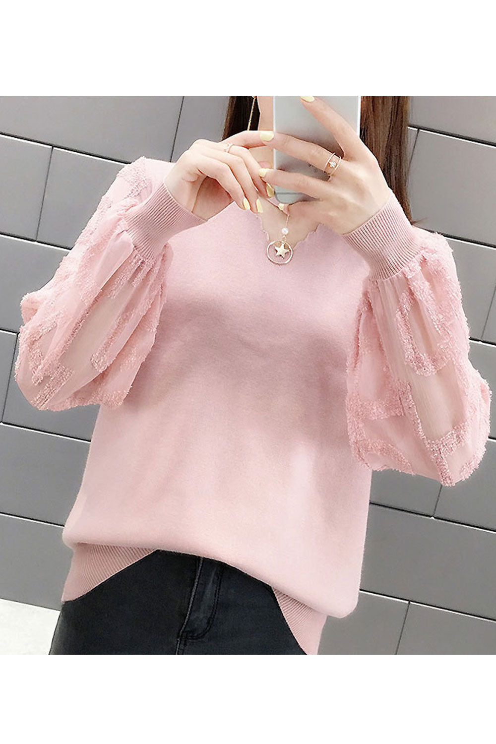 Women Comfy Mesh Lantern Sleeve Solid Colored Sweater