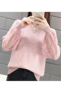 Women Comfy Mesh Lantern Sleeve Solid Colored Sweater