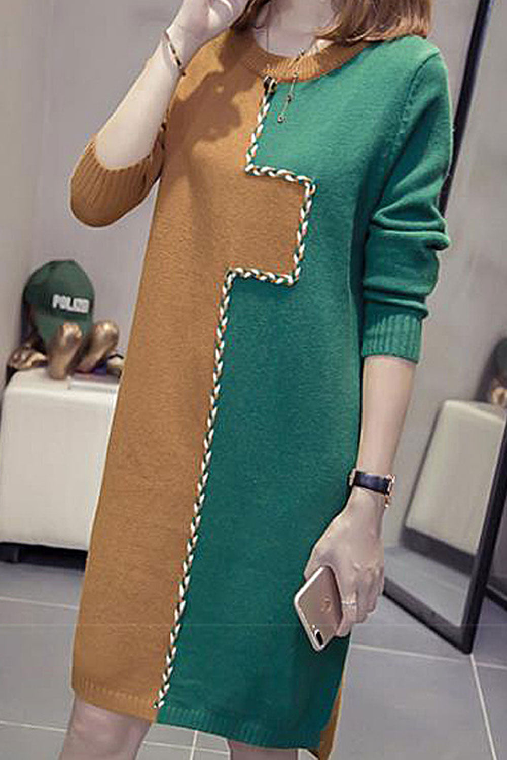 Women Lovely Contrast Colored Knee Length Round Neck Cozy Sweater