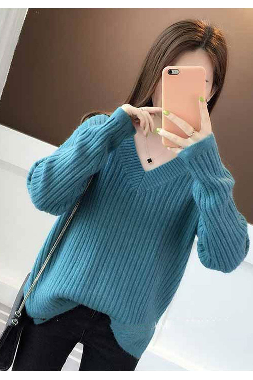 Women Easy Stretchable Long Sleeve V-Neck Warm Sweater