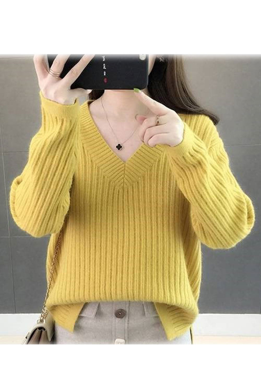 Women Easy Stretchable Long Sleeve V-Neck Warm Sweater