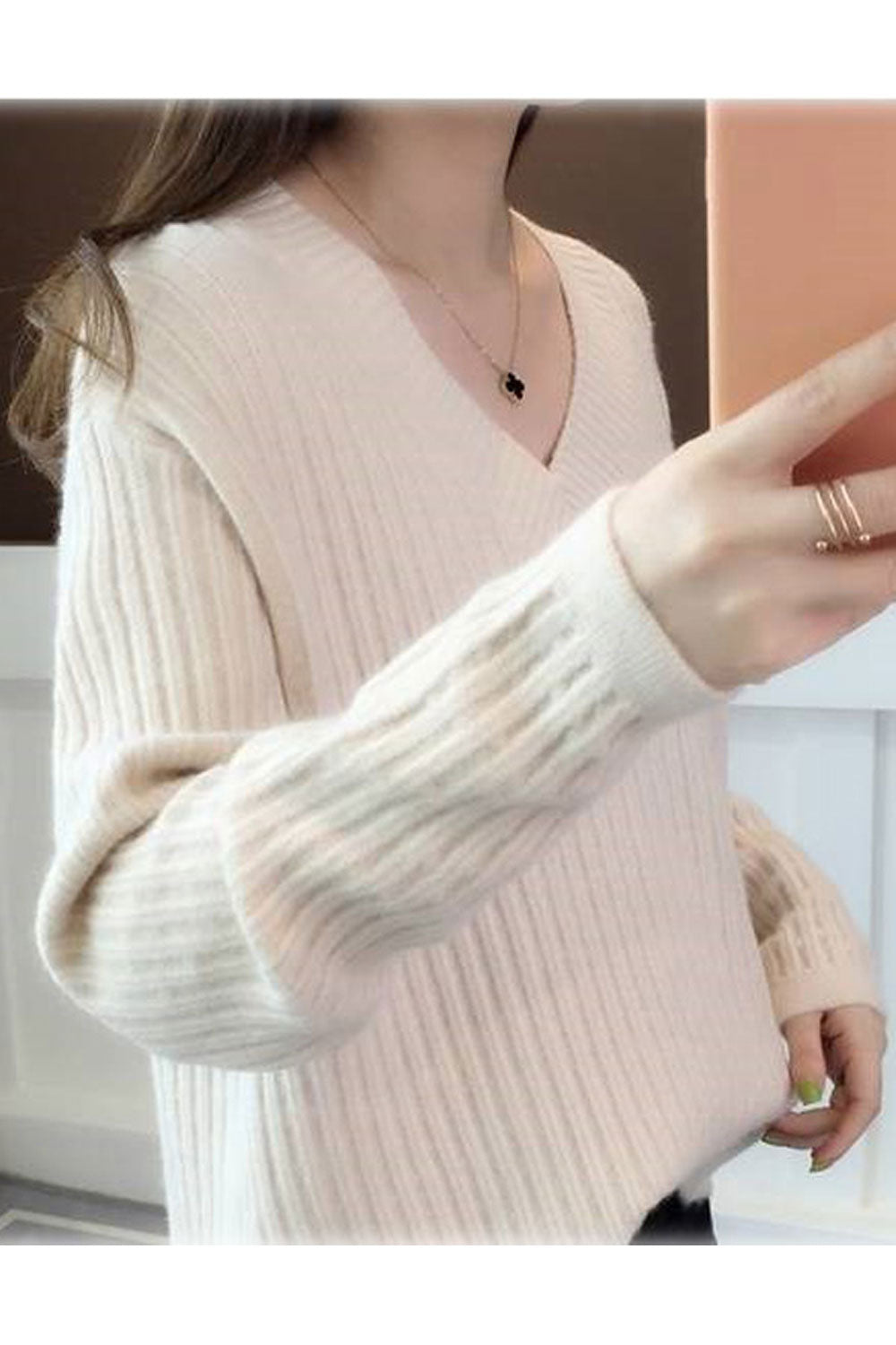 Women Easy Stretchable Long Sleeve V-Neck Warm Sweater