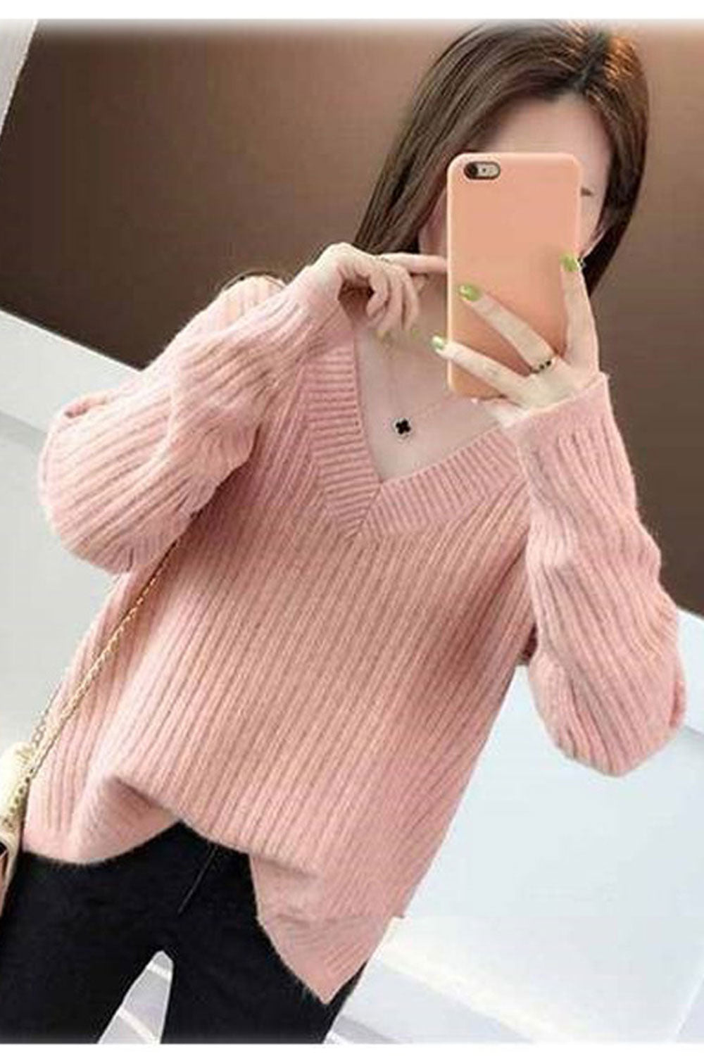 Women Easy Stretchable Long Sleeve V-Neck Warm Sweater
