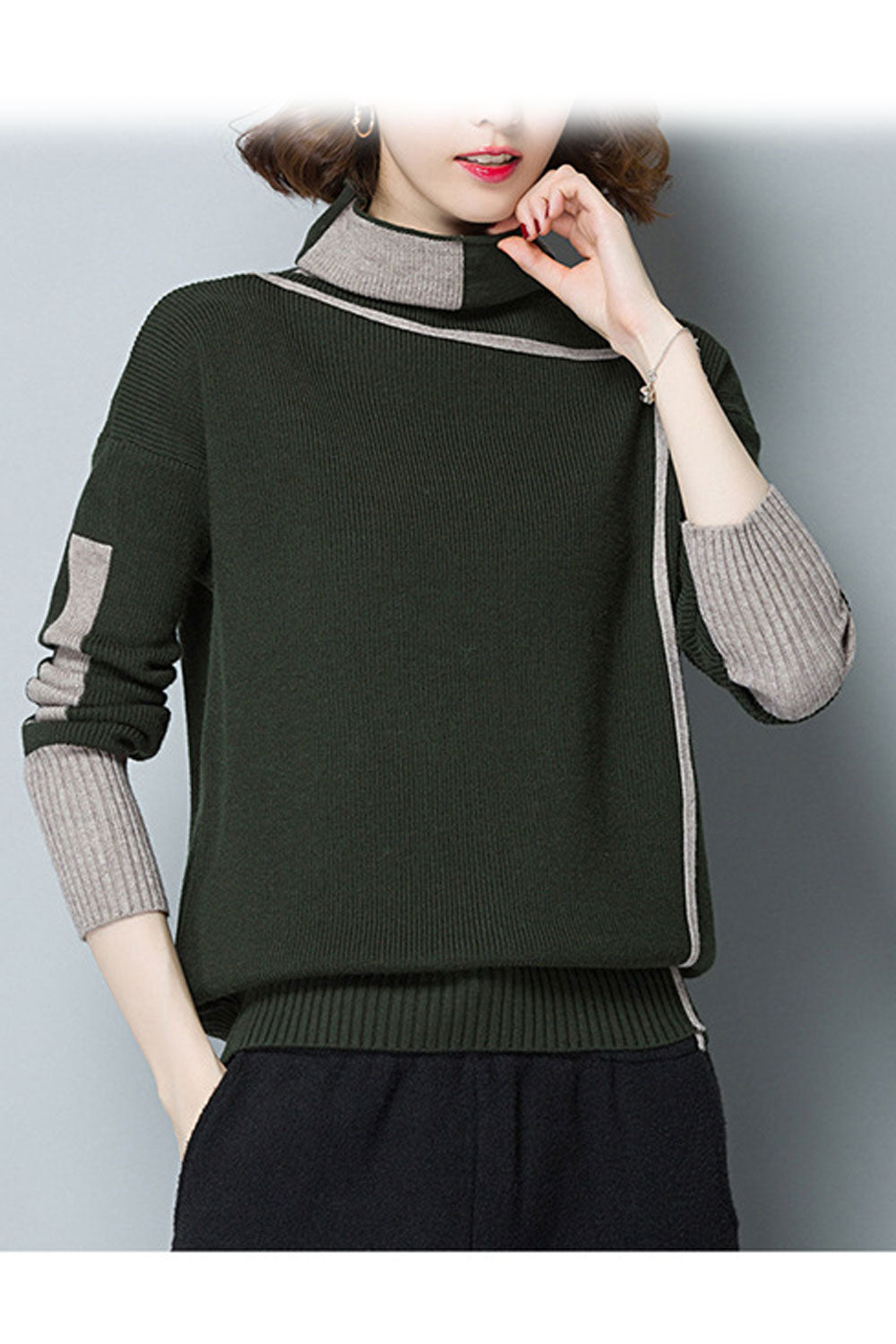 Women Stylish Pullover High Neck Contrast Colored Warm Sweater