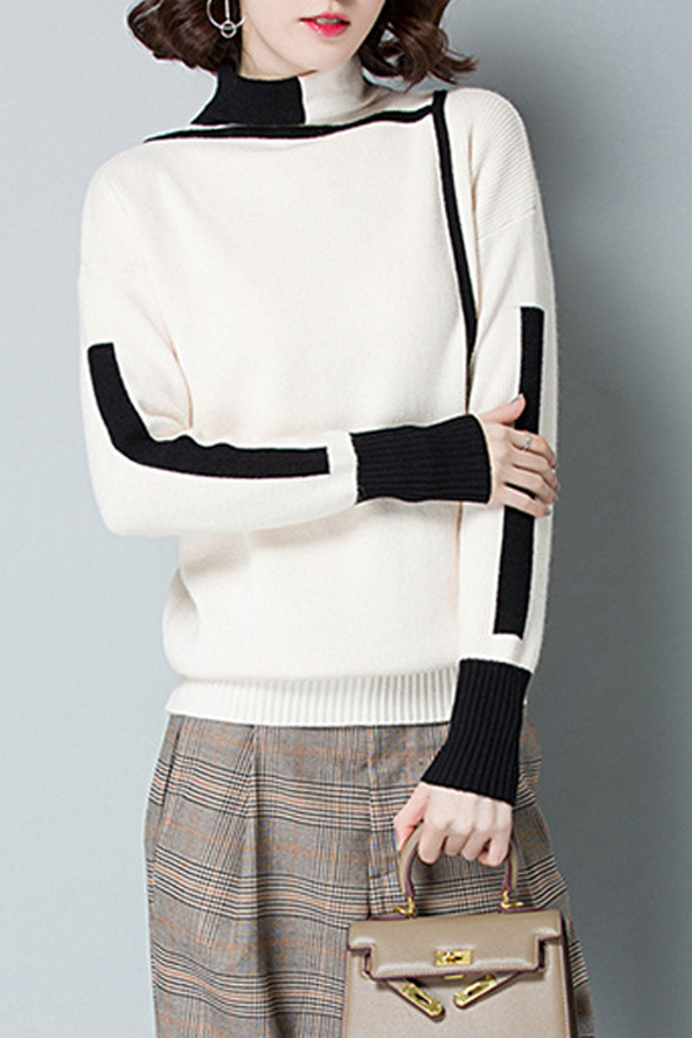 Women Stylish Pullover High Neck Contrast Colored Warm Sweater