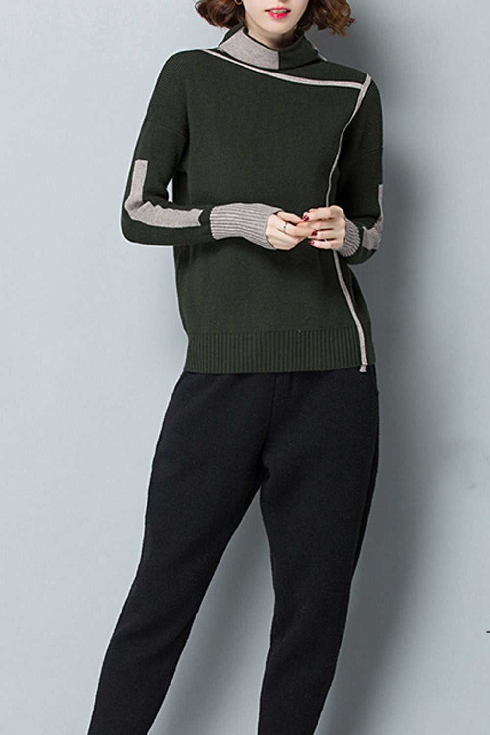 Women Stylish Pullover High Neck Contrast Colored Warm Sweater