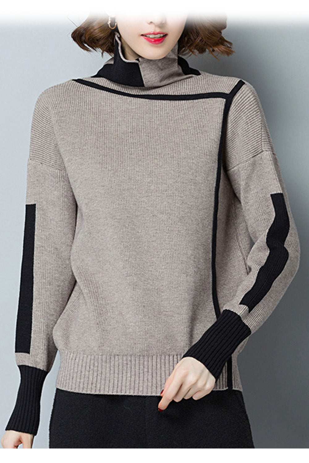 Women Stylish Pullover High Neck Contrast Colored Warm Sweater