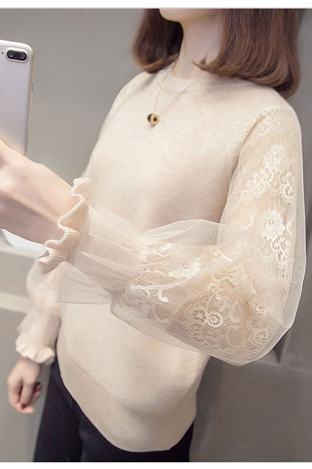 Women Pretty Floral Mesh Lantern Sleeve Warm Winter Sweater