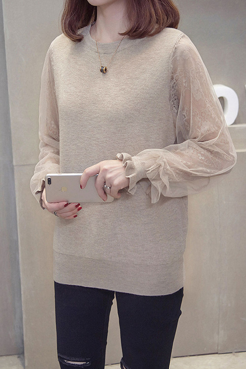 Women Pretty Floral Mesh Lantern Sleeve Warm Winter Sweater