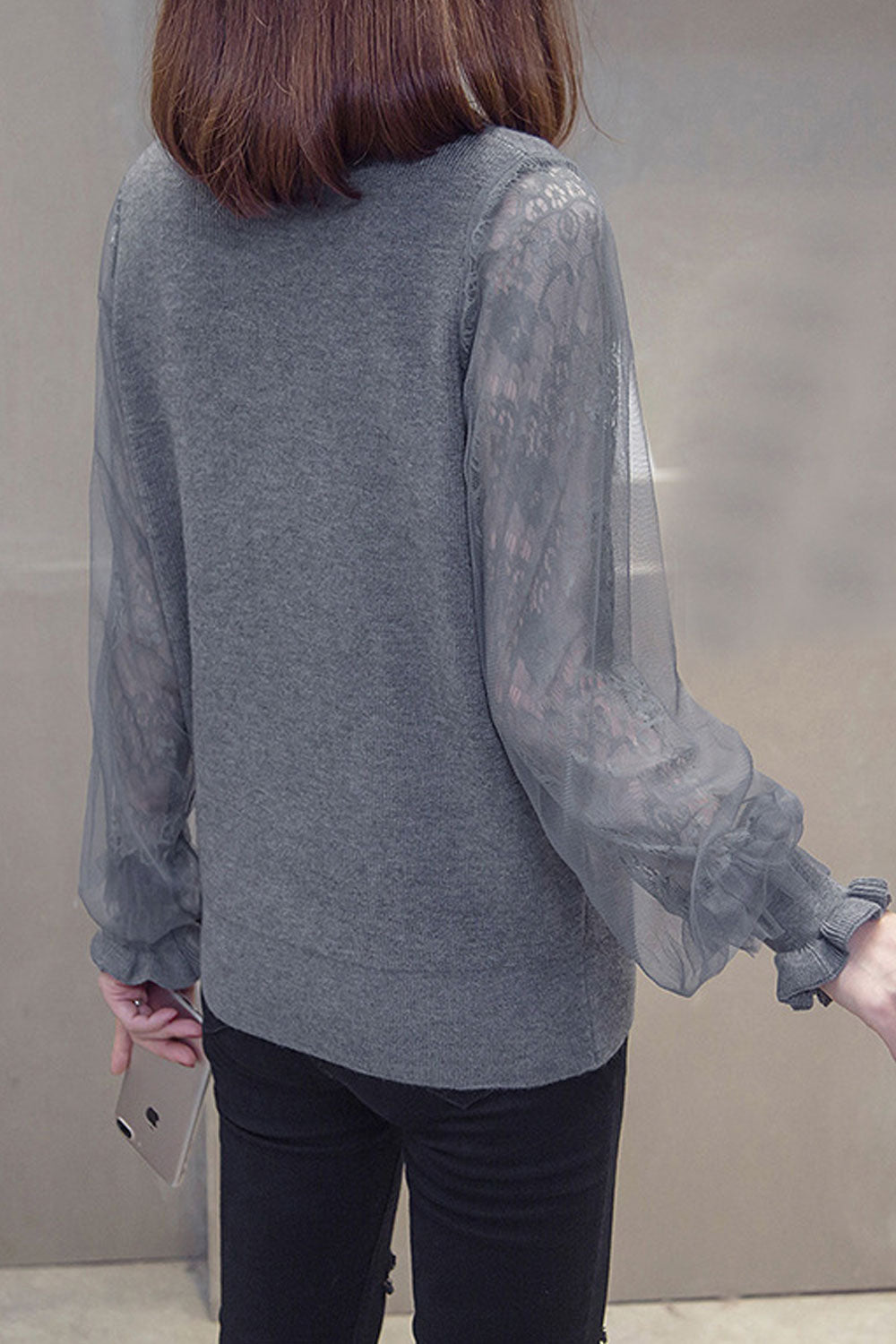 Women Pretty Floral Mesh Lantern Sleeve Warm Winter Sweater
