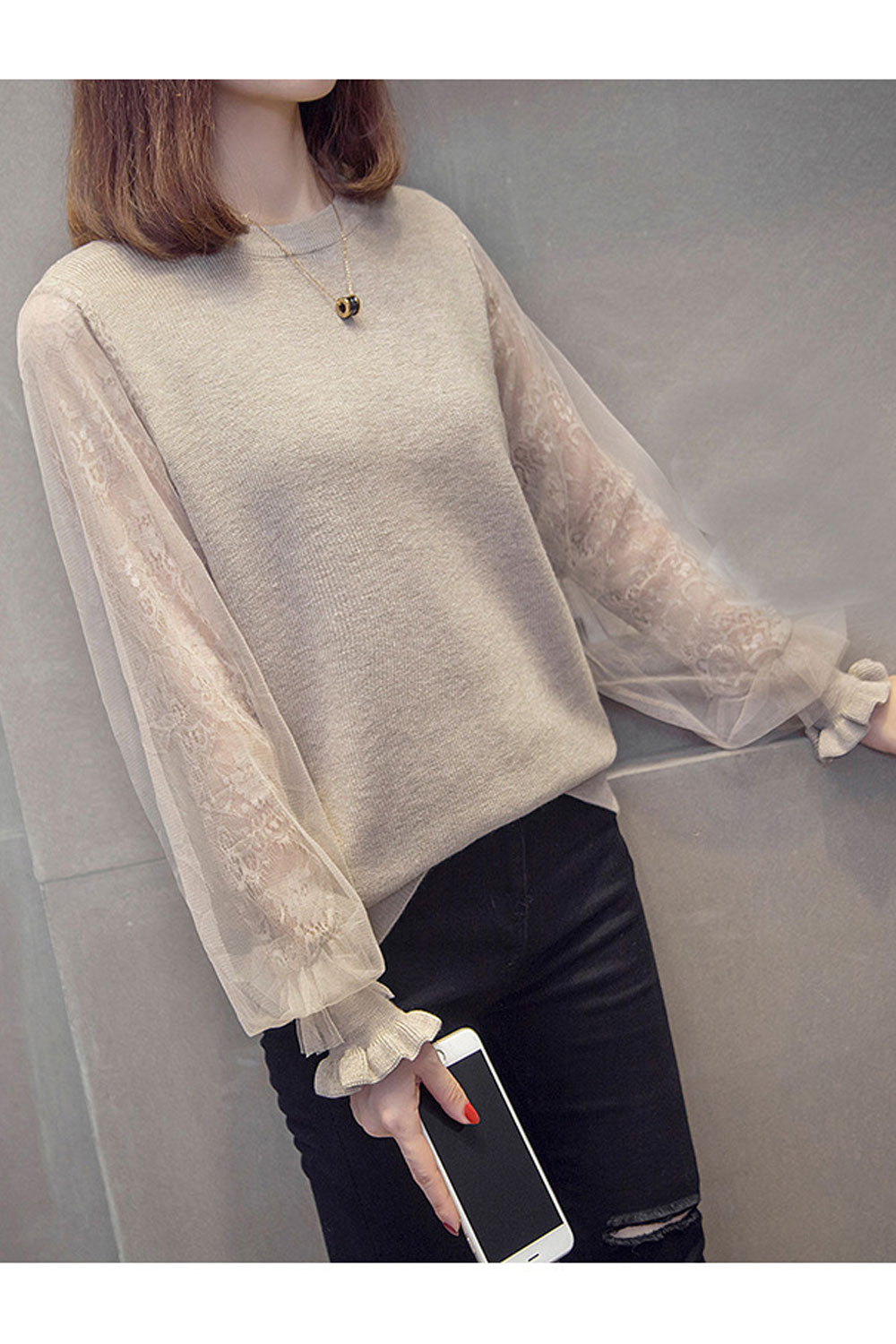 Women Pretty Floral Mesh Lantern Sleeve Warm Winter Sweater