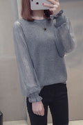 Women Pretty Floral Mesh Lantern Sleeve Warm Winter Sweater