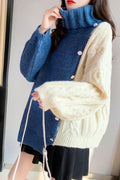 Women Beautiful Contrast Colored One Side Turtle Neck Warm Sweater