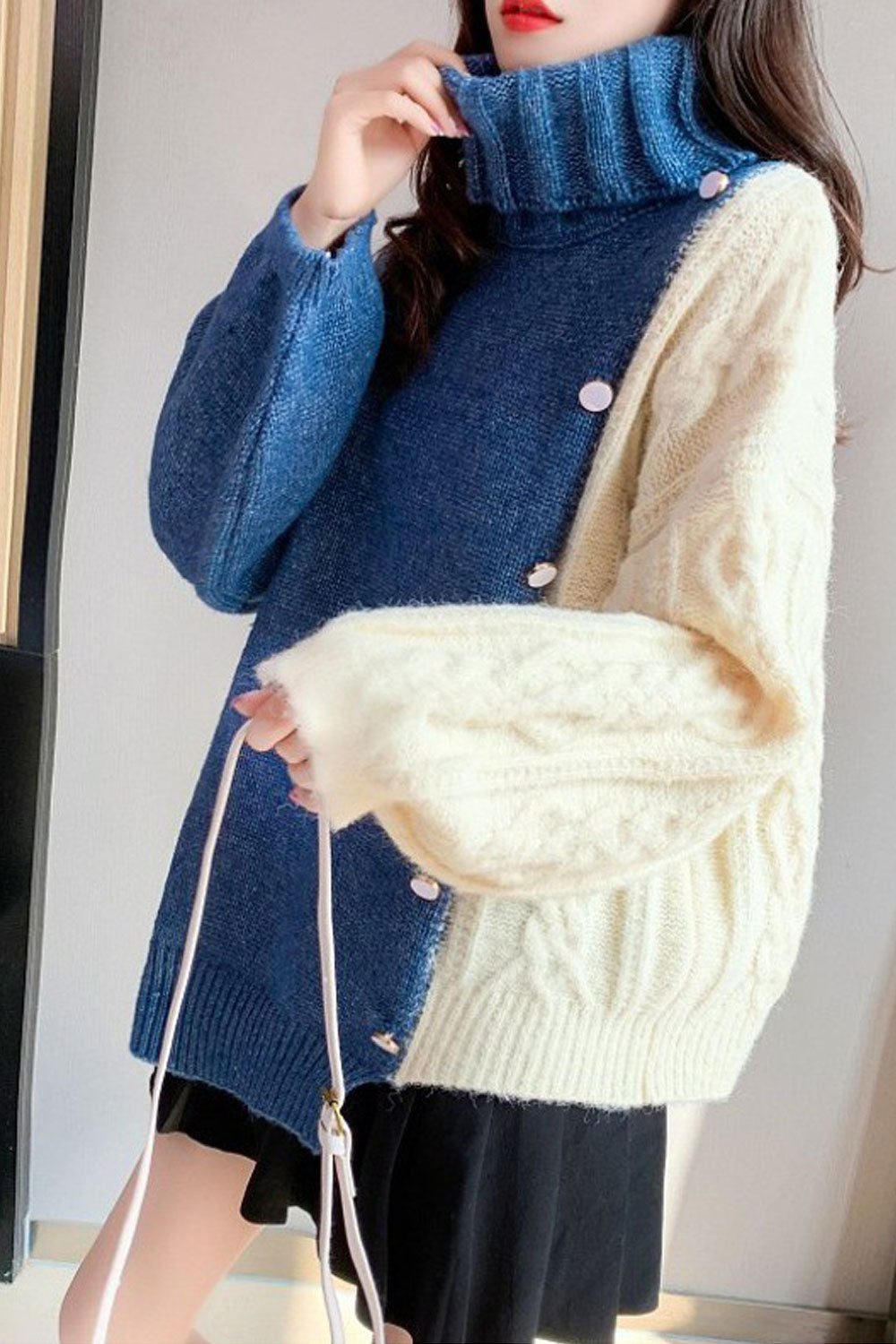 Women Beautiful Contrast Colored One Side Turtle Neck Warm Sweater