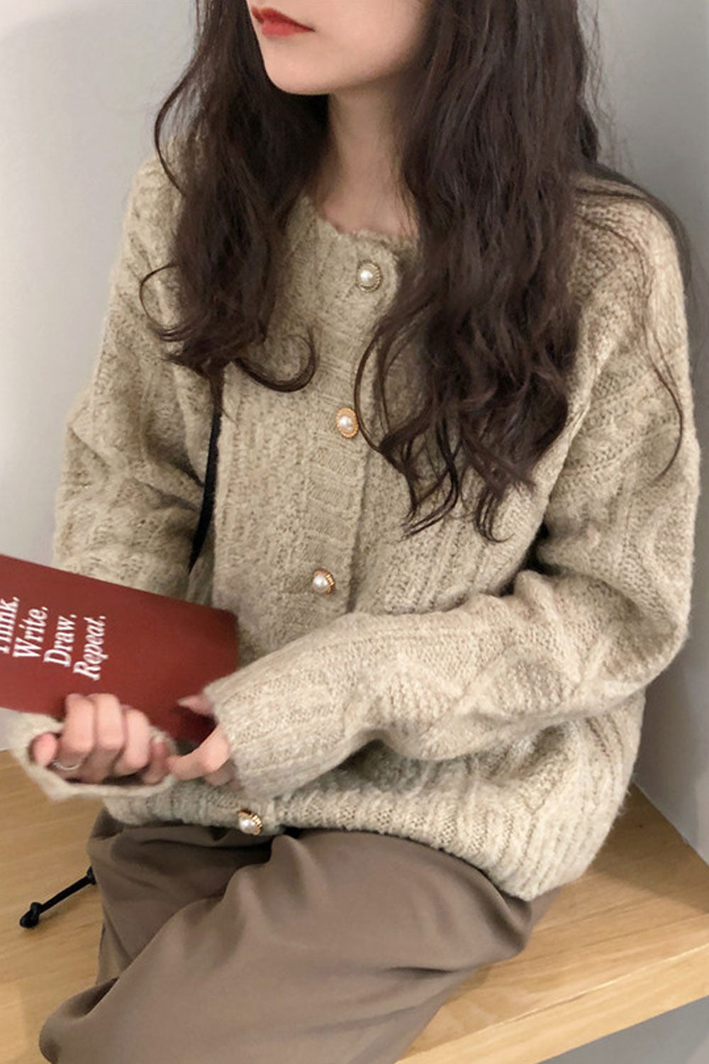 Women Awesoem Solid Colored Round Neck Warm Cardigan
