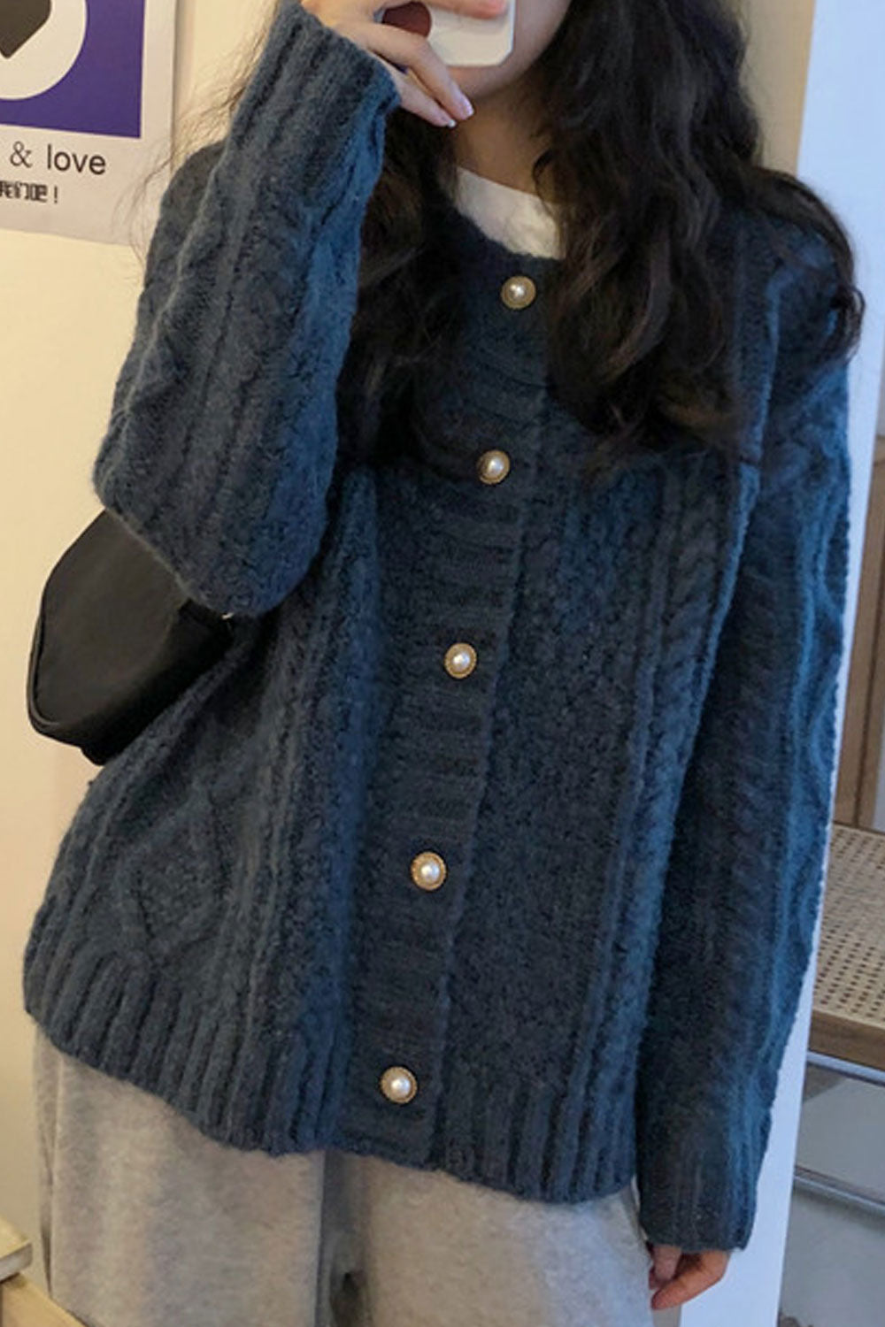 Women Awesoem Solid Colored Round Neck Warm Cardigan