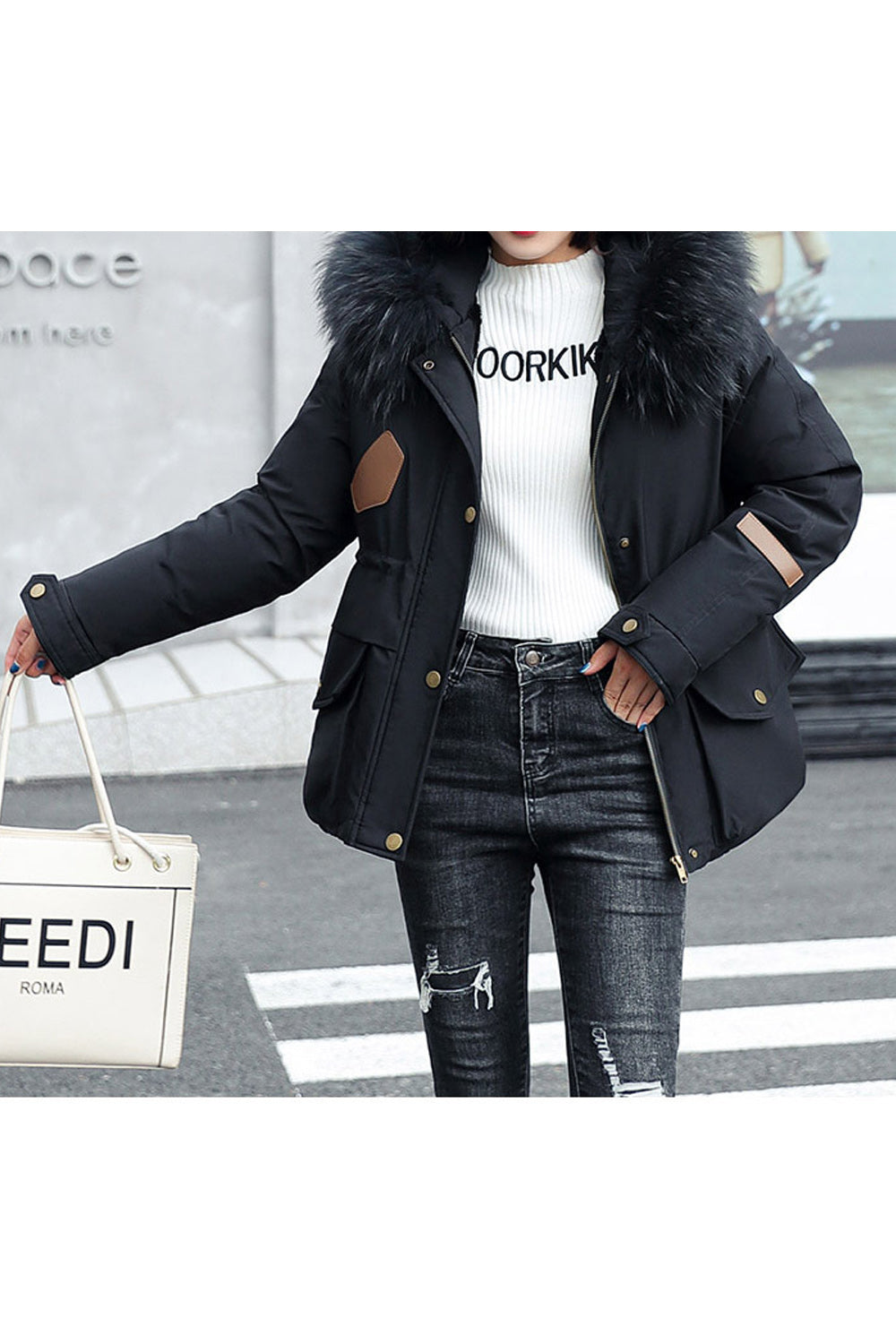 Women Charming Fur Collar Pocket Style Padded Jacket