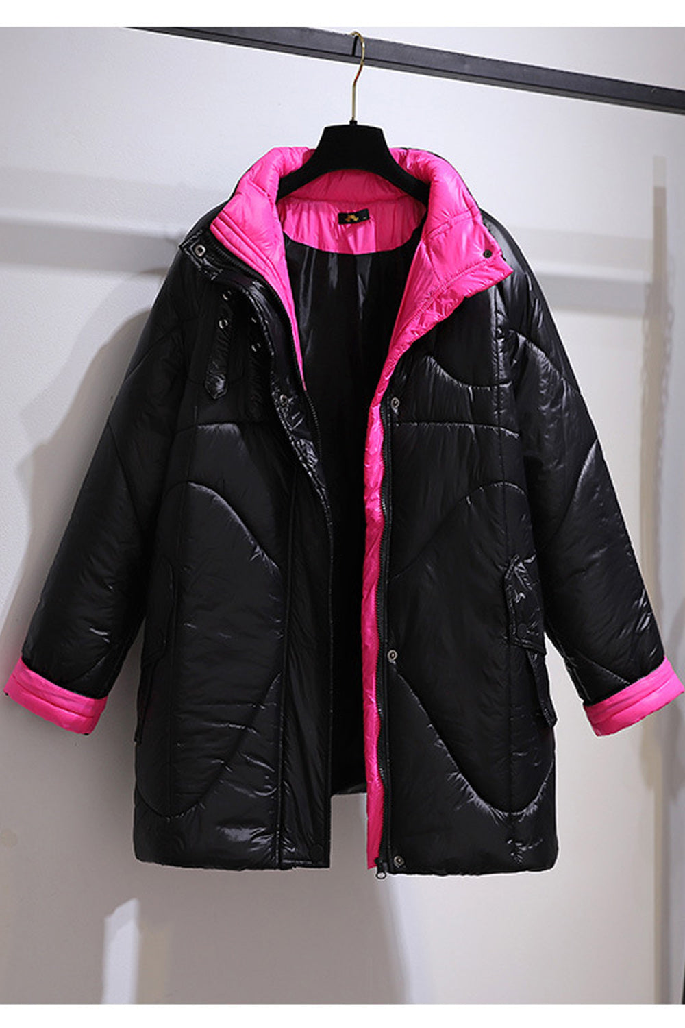 Women High Collar Contrast Color Cuff Long Sleeve Warm Padded Jacket