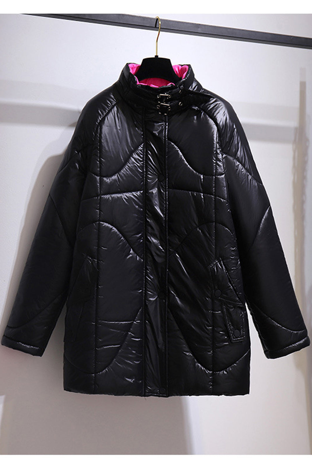 Women High Collar Contrast Color Cuff Long Sleeve Warm Padded Jacket