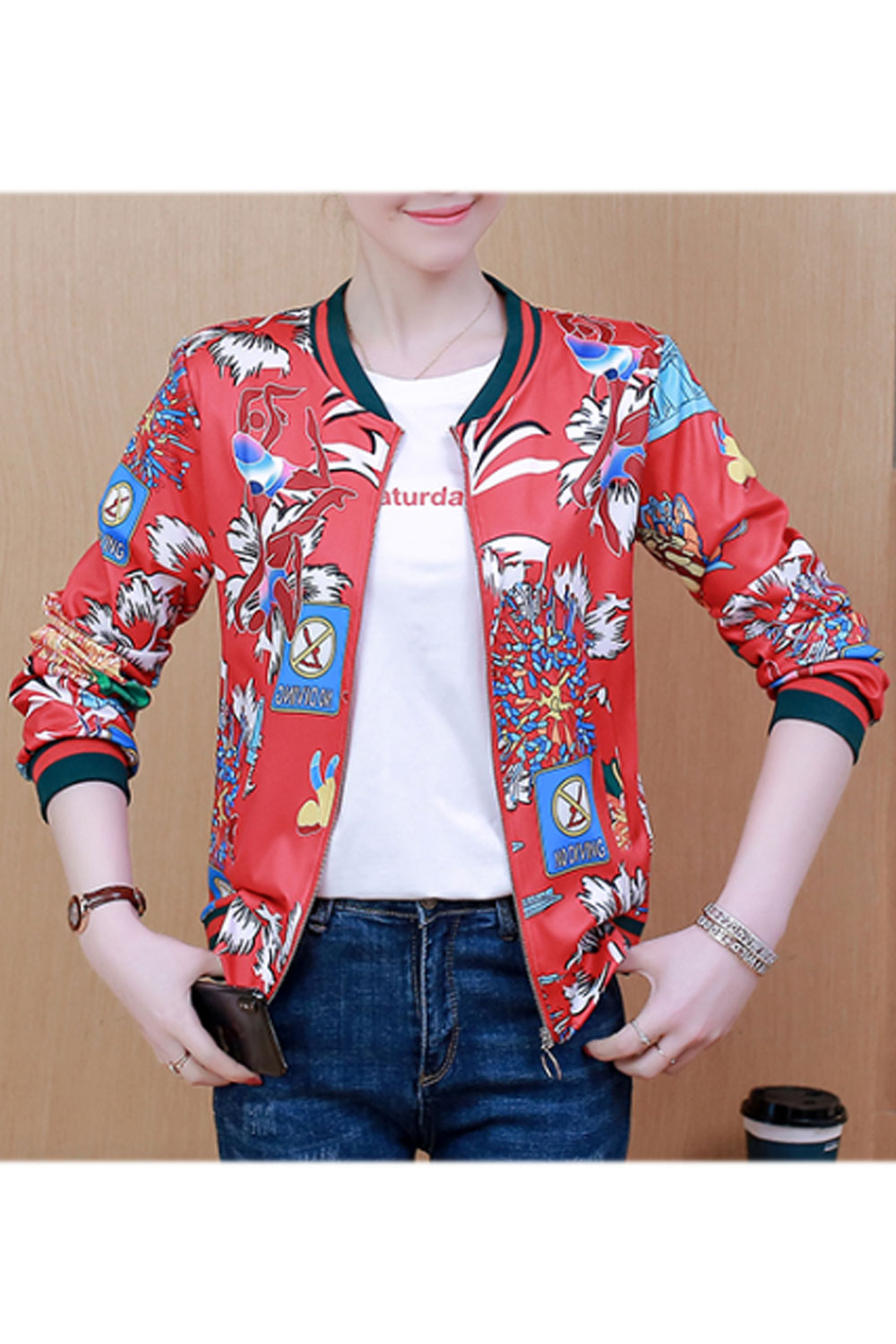 Women Flower Printed Stylish Zipper Closure Long Sleeve Jacket