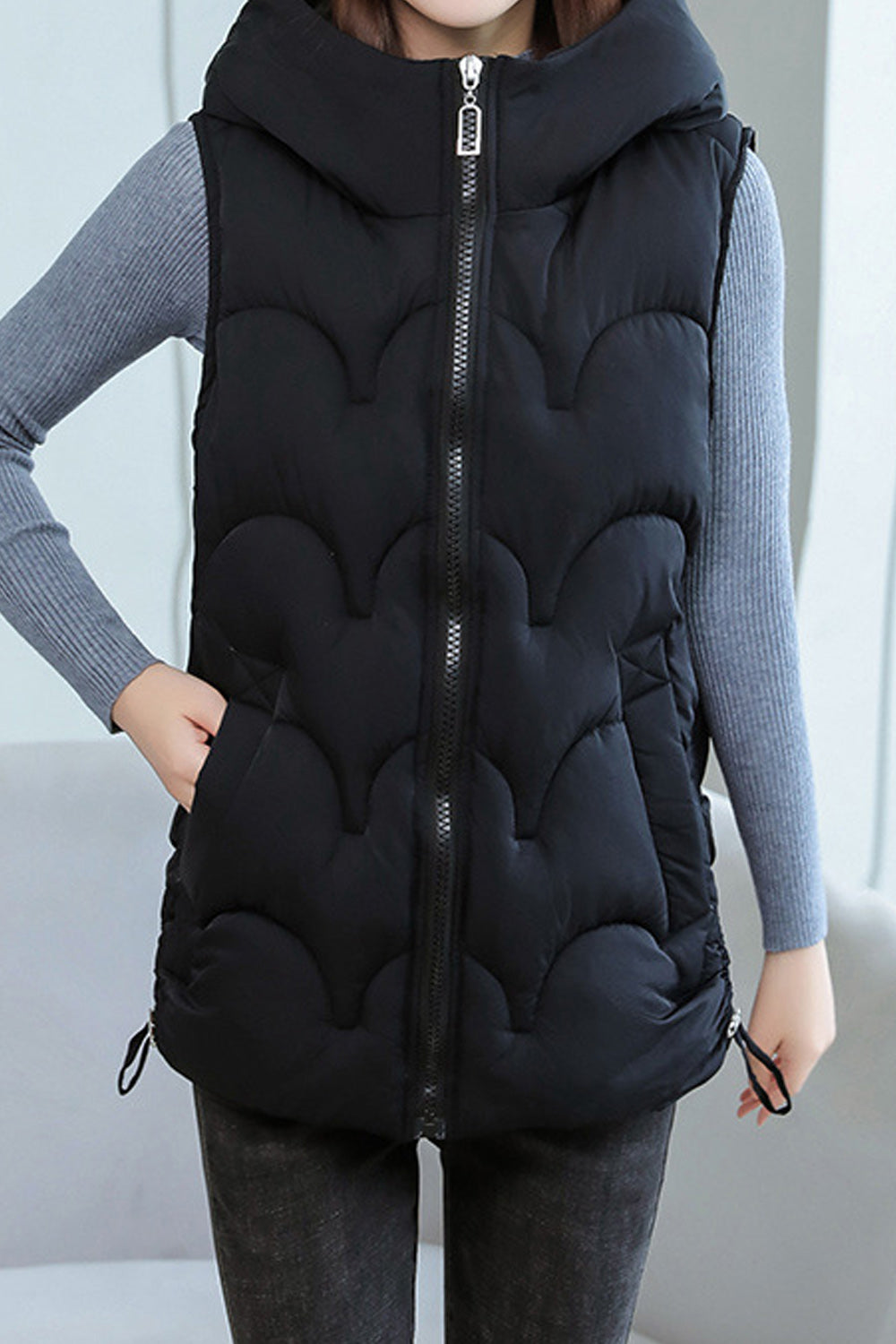 Women Fashionable Warm Solid Colored Sleeveless Hooded Neck Padded Jacket