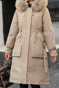 Women Adorable Fur Hooded Neck Solid Colored Knee Length Warm Padded Jacket