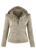Women Awesome Hooded Neck Solid Colored Leather Jacket