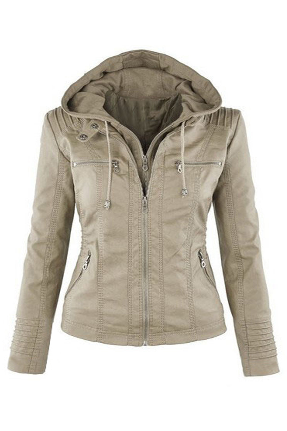 Women Awesome Hooded Neck Solid Colored Leather Jacket