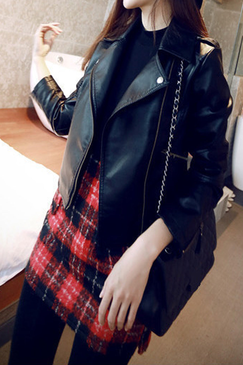 Women Stylish Solid Colored Croped Length Slim Fit Leather Jacket