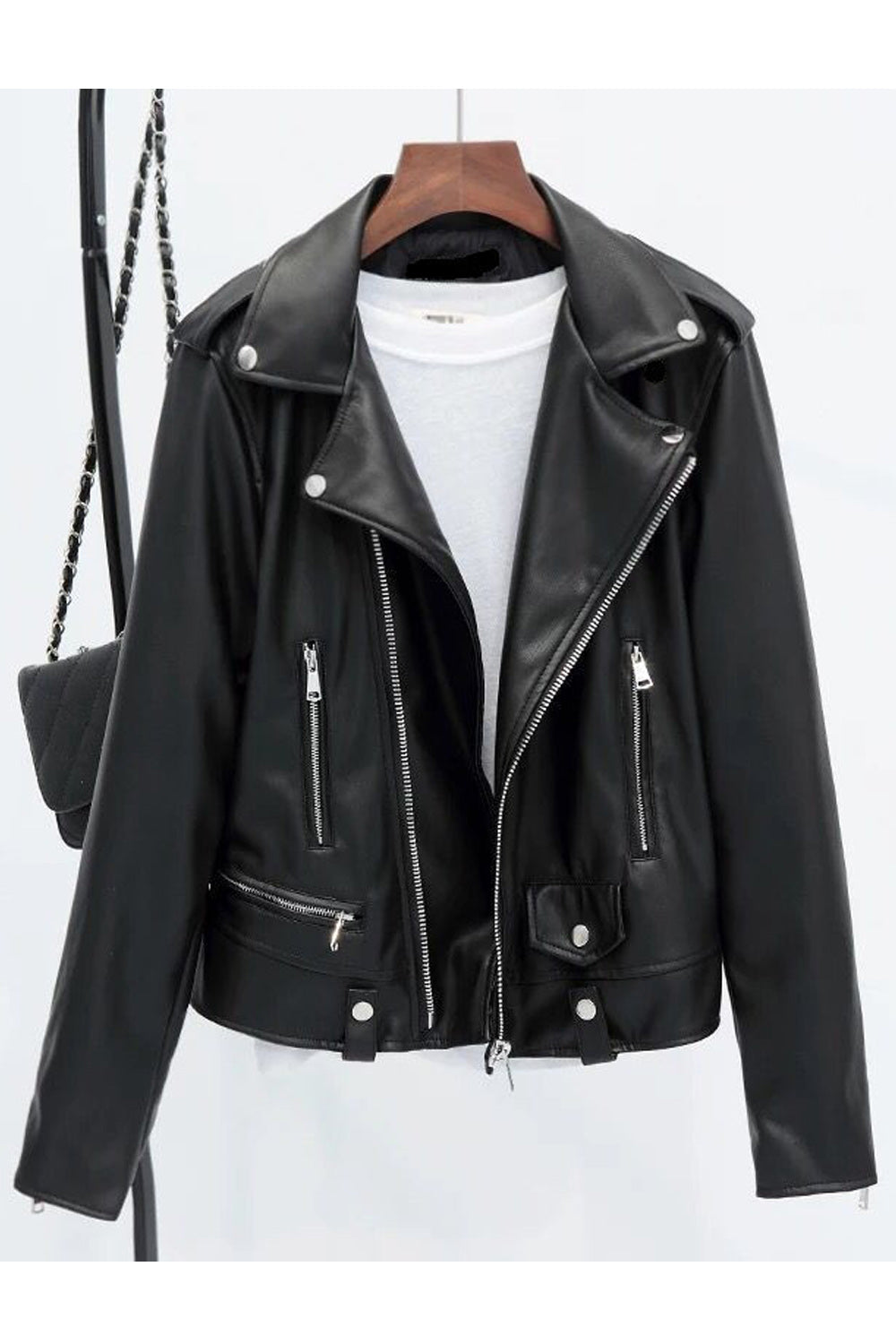 Women Gorgeous Solid Colored Lapel Collar Warm Leather Jacket
