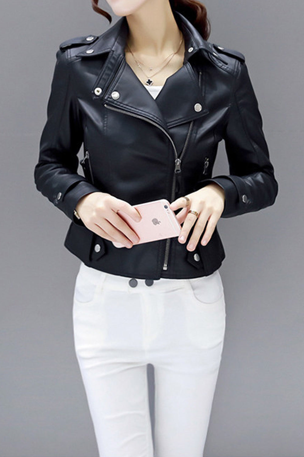 Women Black Classy Lapel Collar Bike Leather Jacket