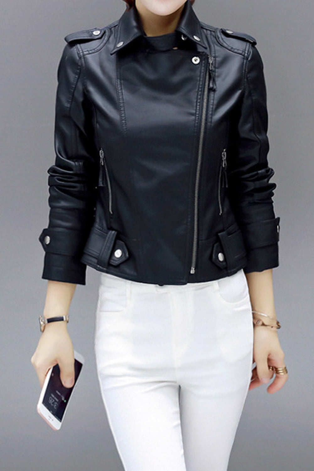 Women Black Classy Lapel Collar Bike Leather Jacket