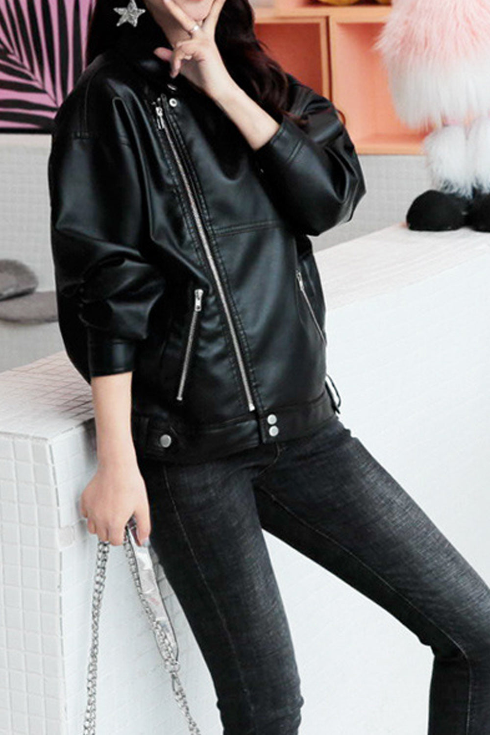 Women Comfortable Long Sleeve Zipper Pocket Styling Leather Jacket