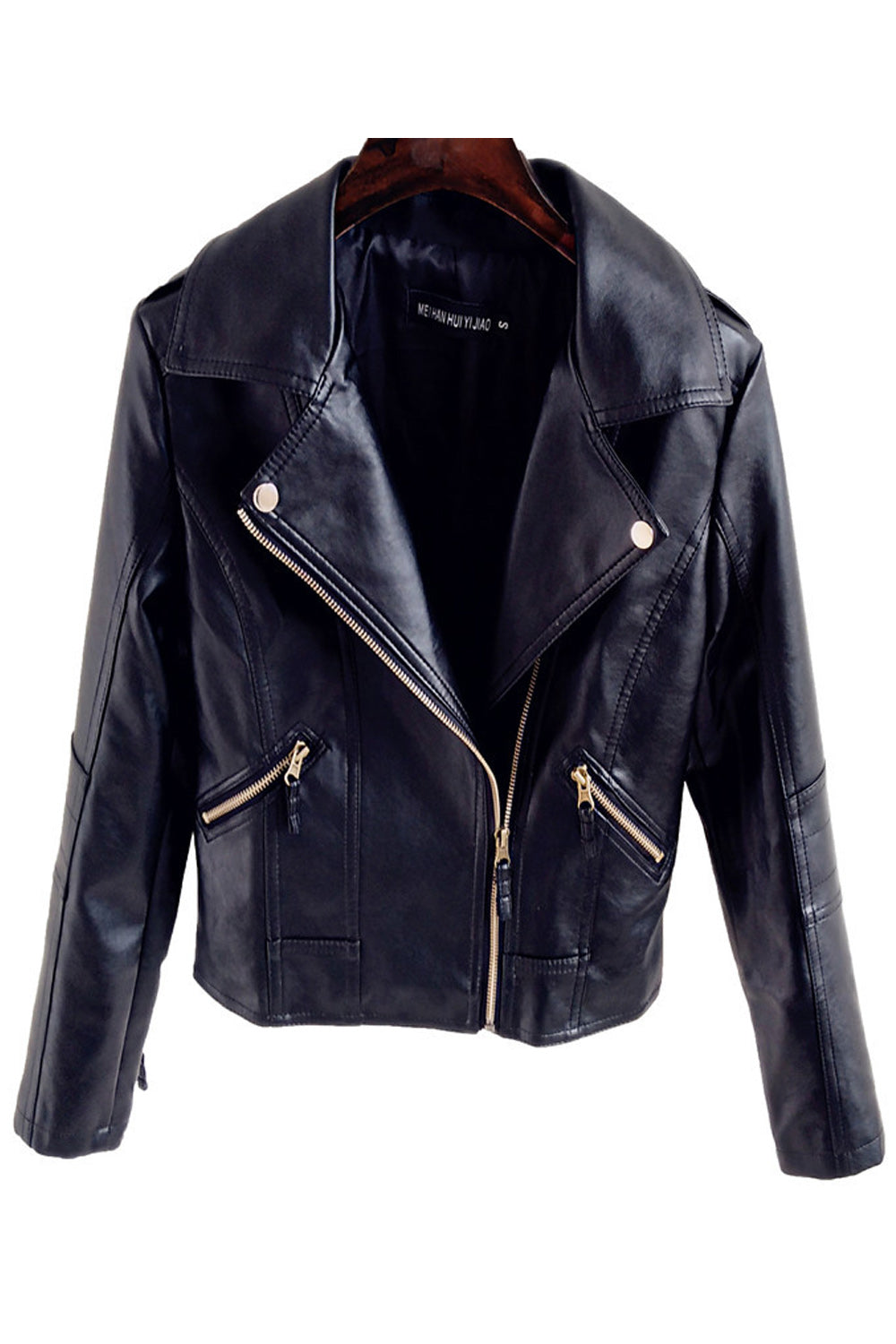 Women Black Color Warm Zipper Closure Leather Jacket