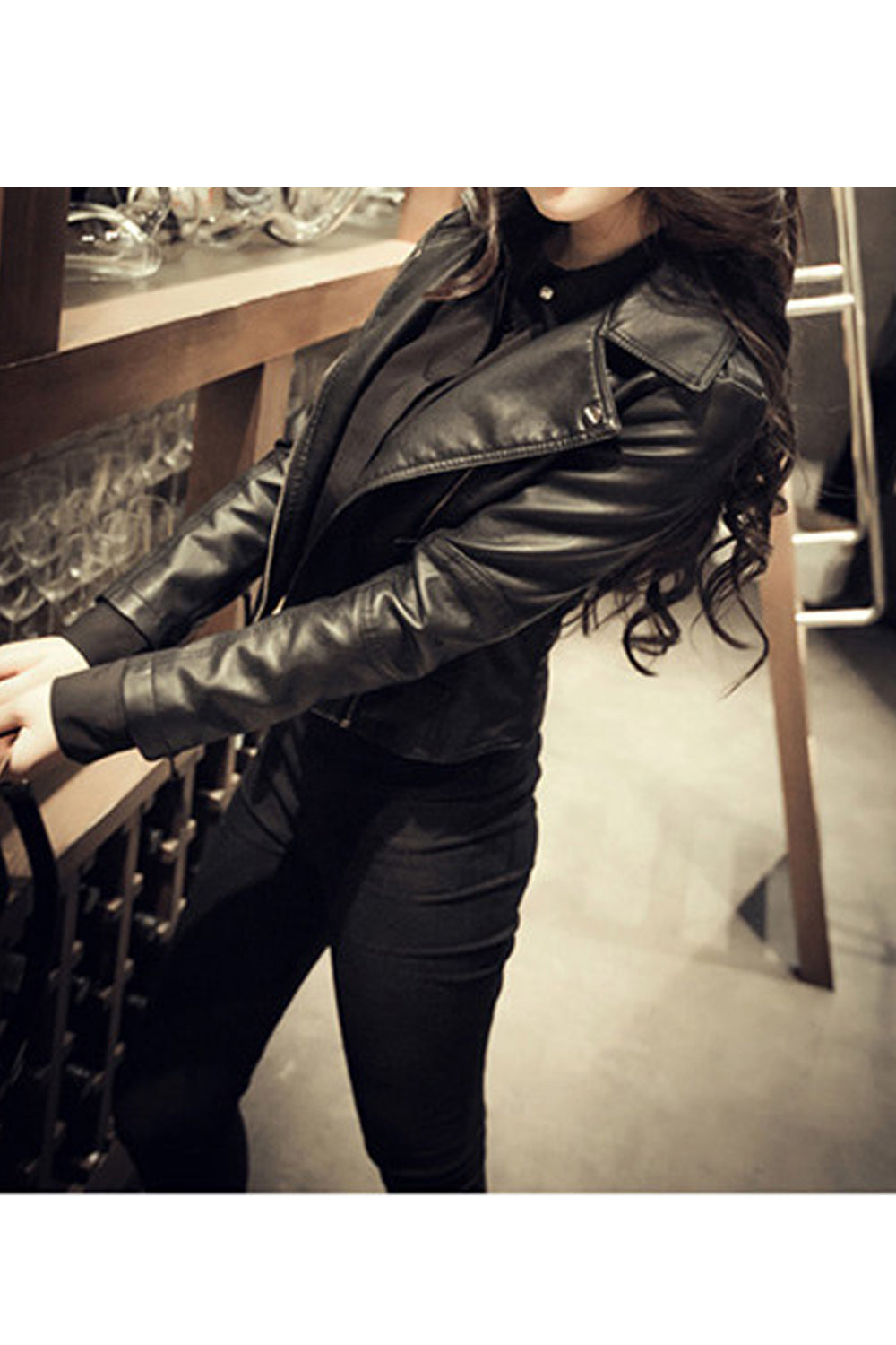 Women Black Color Warm Zipper Closure Leather Jacket