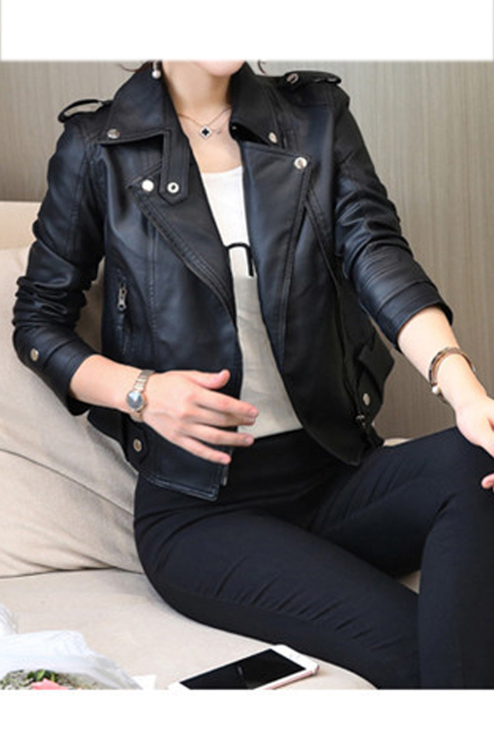 Women Zipper Pockets Belt Hem Long Sleeve Convenient Leather Jacket