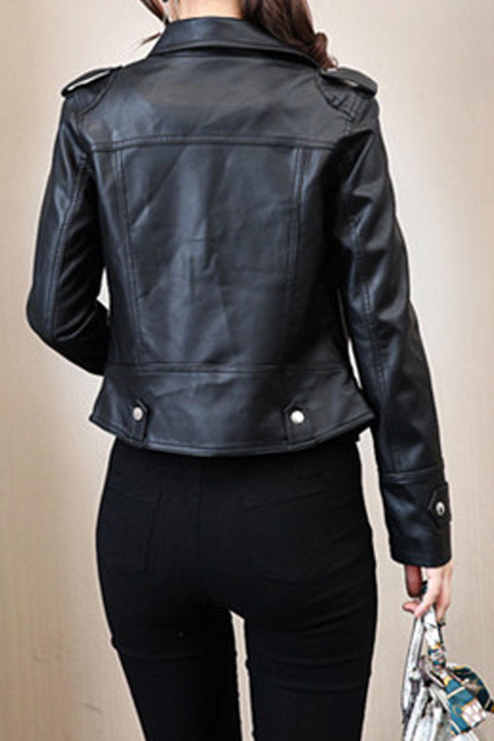 Women Zipper Pockets Belt Hem Long Sleeve Convenient Leather Jacket