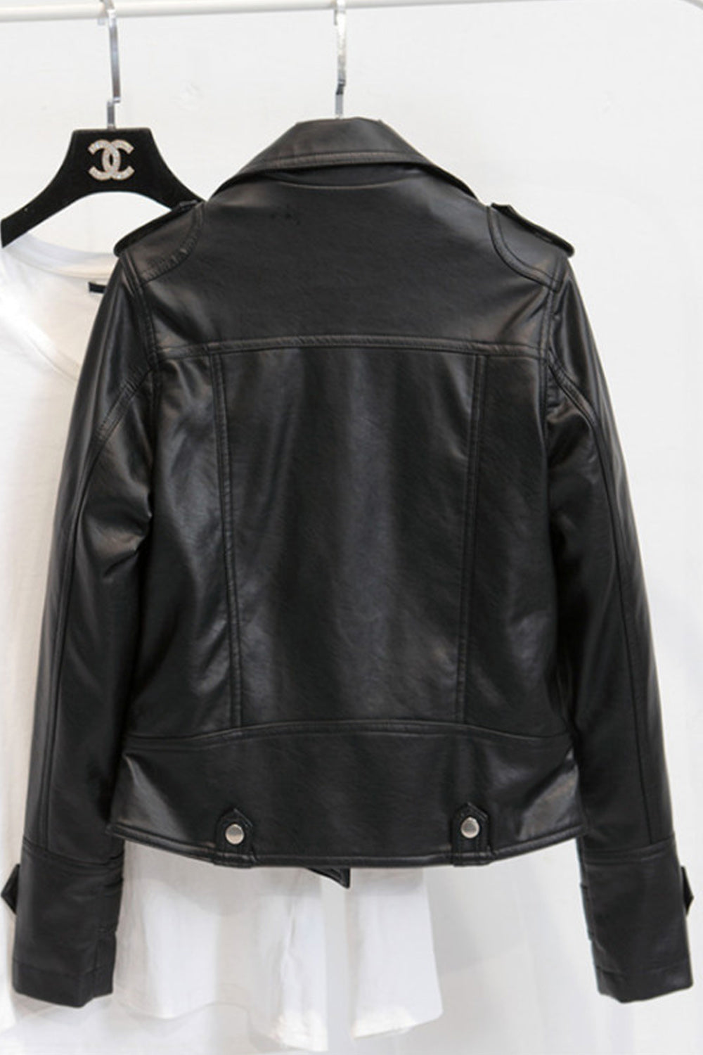 Women Regular Fit Long Sleeve Lapel Collar Neck Trendy Leather Jacket