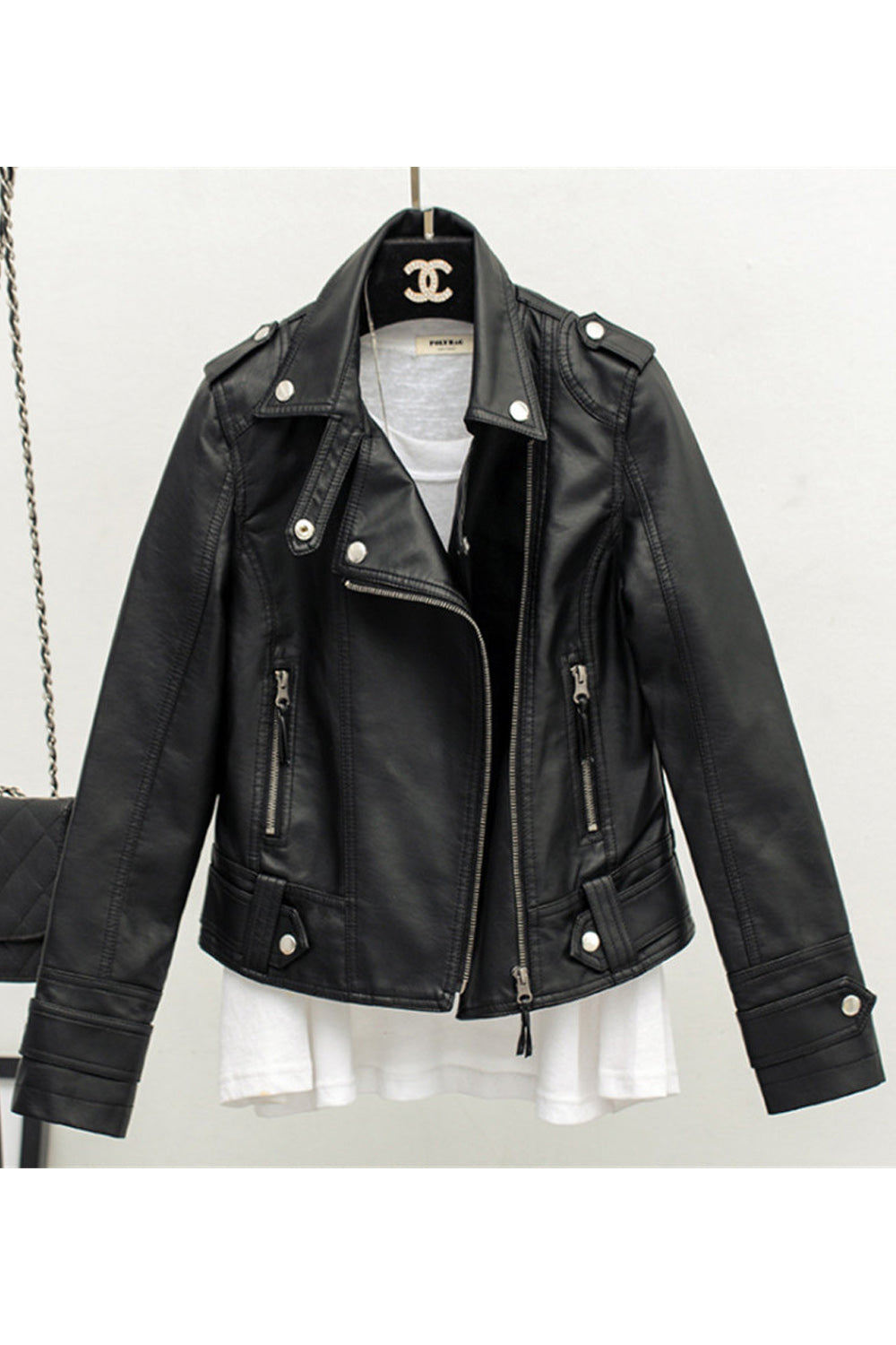 Women Zipper Closure Elegant Styled Lapel Collar Neck Long Sleeve Leather Jacket