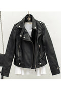 Women Zipper Closure Elegant Styled Lapel Collar Neck Long Sleeve Leather Jacket