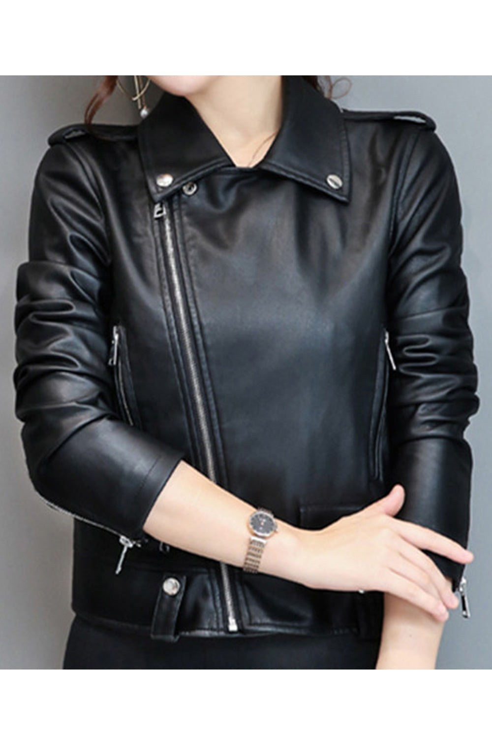 Women Long Sleeve Classy Solid Colored Winter Leather Jacket