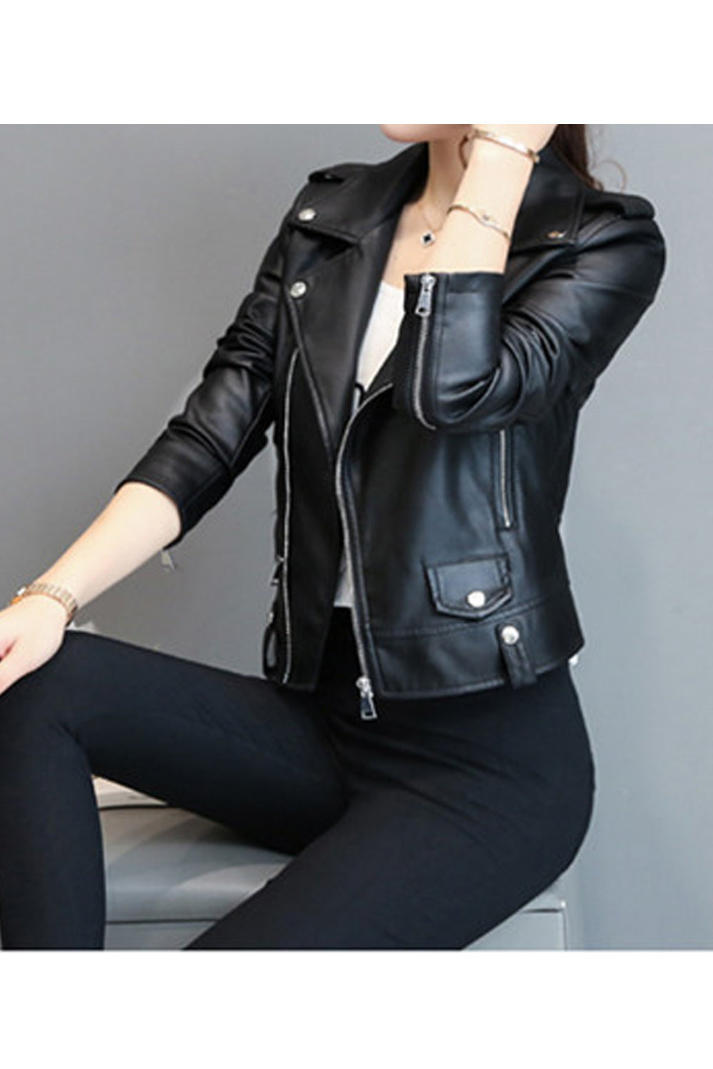 Women Long Sleeve Classy Solid Colored Winter Leather Jacket
