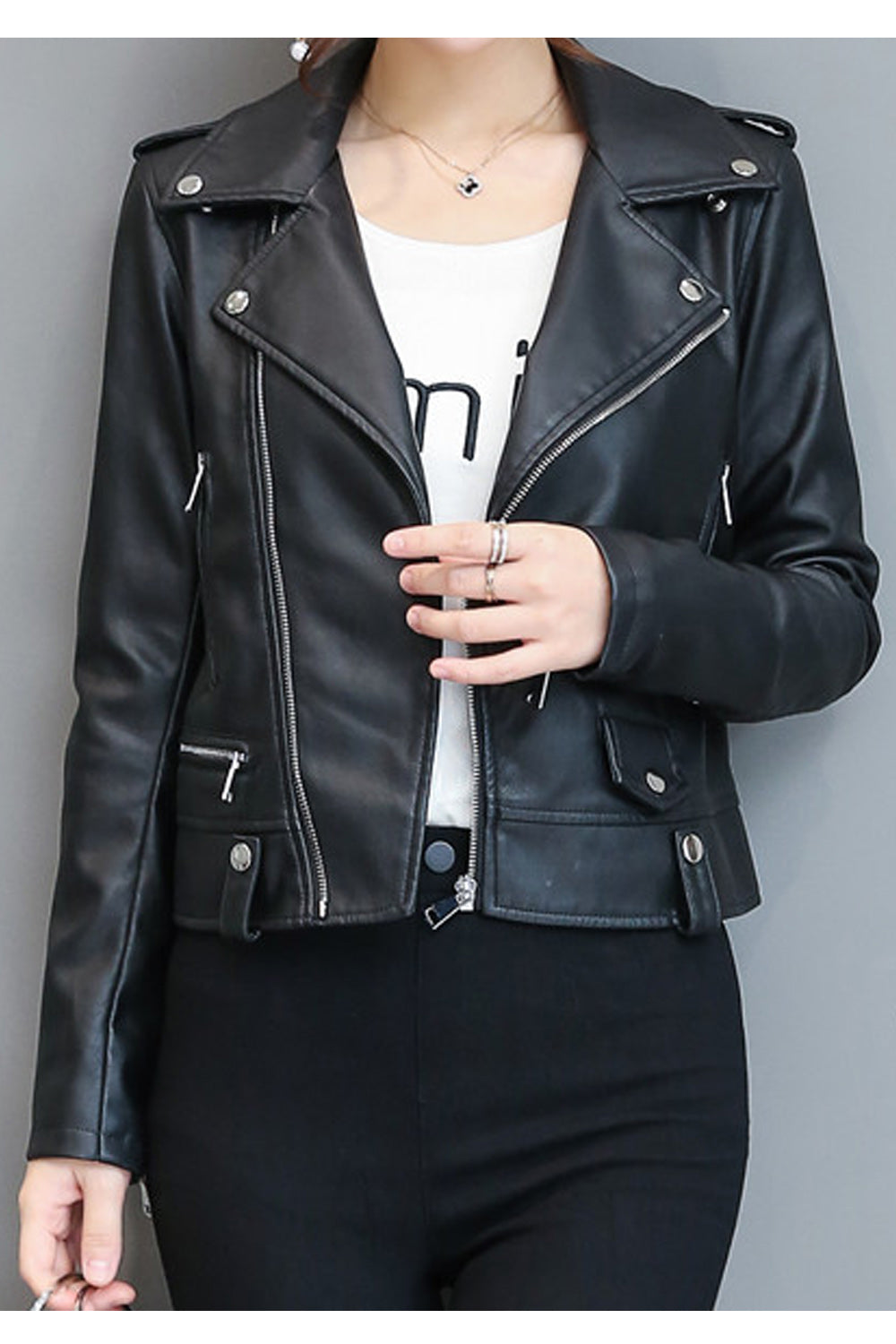 Women Long Sleeve Classy Solid Colored Winter Leather Jacket