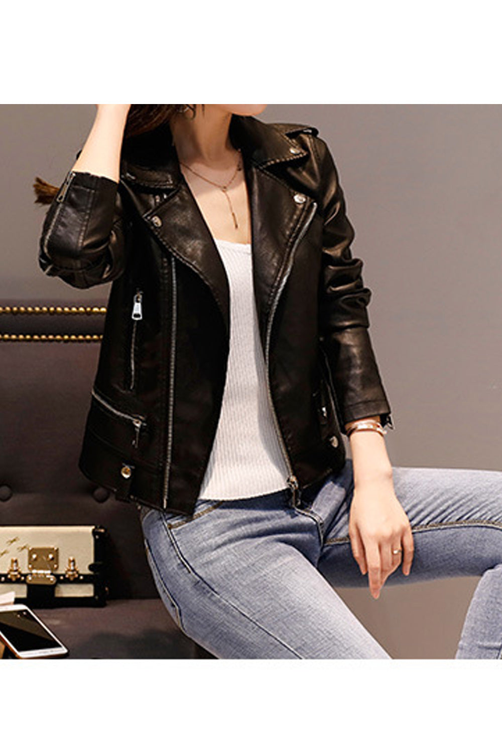 Women Convenient Big Collar Neck Fashionable Long Sleeve Leather Jacket