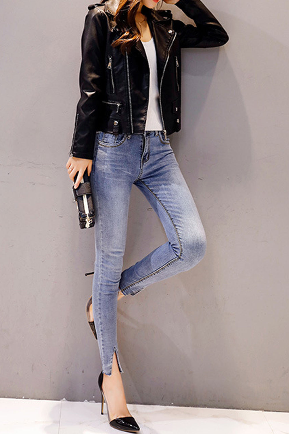 Women Convenient Big Collar Neck Fashionable Long Sleeve Leather Jacket
